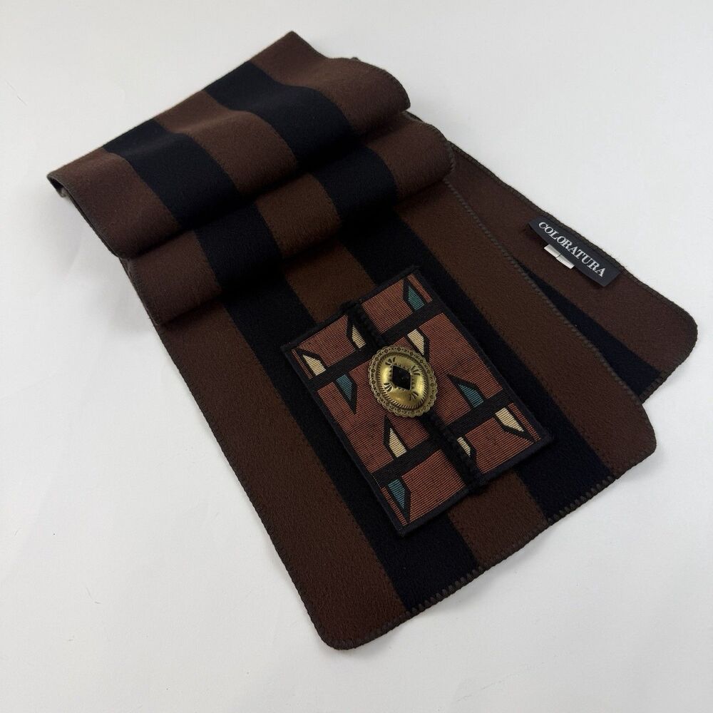 Coloratura Wool Scarf Brown Black Conch Southwestern Aztec 70 x 10 Wrap USA